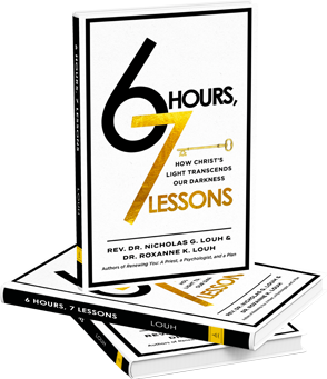 This image features a beautifully designed book titled "6 Hours, 7 Lessons: How Christ’s Light Transcends Our Darkness" by Rev. Dr. Nicholas G. Louh & Dr. Roxanne K. Louh. The cover design is elegant with a clean white background, bold typography, and gold accents that highlight the number "7" and the word "LESSONS." The background has a calming teal gradient with subtle palm leaf shadows, giving a serene and reflective feel to the composition. The book appears to be about faith, spiritual transformation, and guidance, authored by a priest and a psychologist, which suggests a blend of theology and practical wisdom.